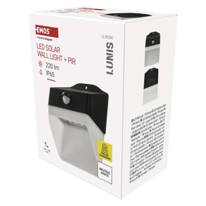 EMOS Solární LED svítidlo LUNIS s pohybovým čidlem, černé, neutrální bílá 1553151000