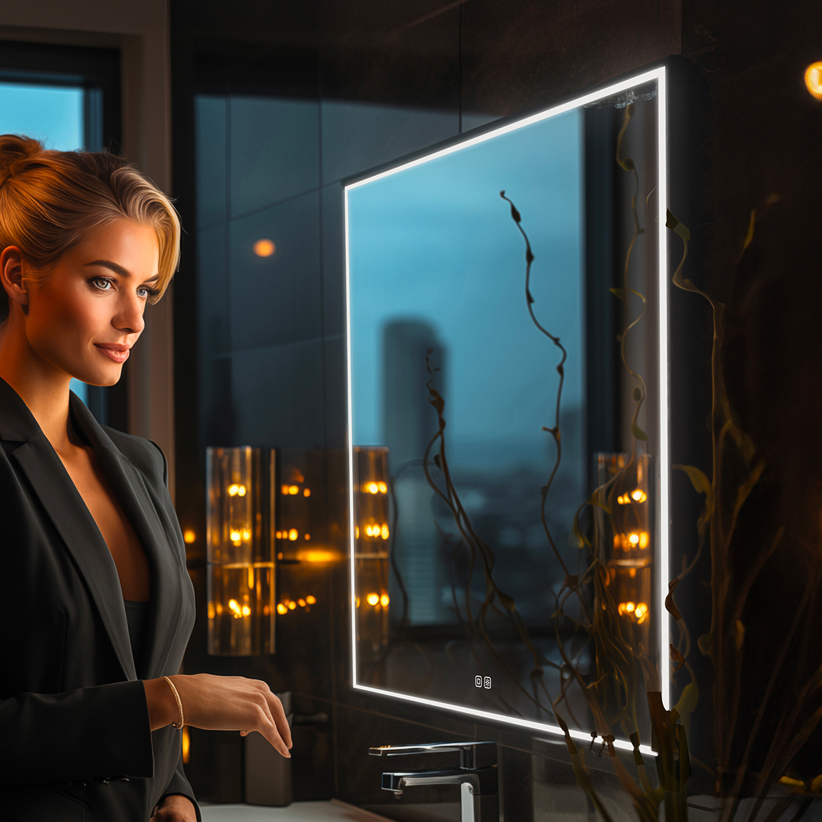 Nimco Černé LED zrcadlo 32W, 70x70 cm se dvěma dotykovými senzory