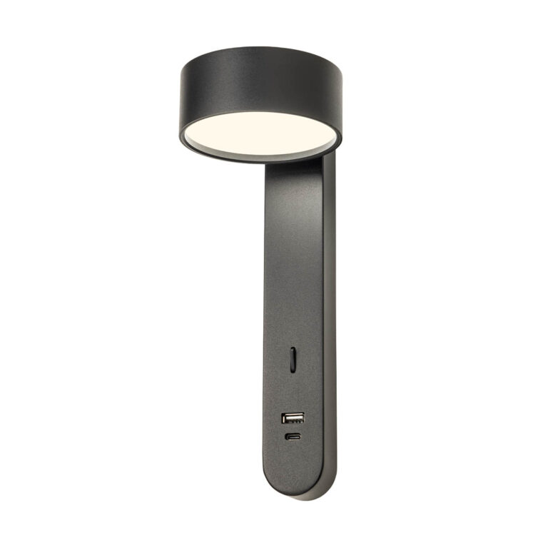 Levně Redo Nástěnné LED svítidlo NORMA 6W, v. 30 cm, USB-A/USB-C Barva: Černá, Barva světla: 3000K