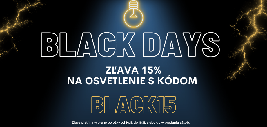 Špeciálna akcia -15% so zľavovým kódom BLACK15! Pozor, zľava platí iba do 18.11.2025 na vybrané svietidlá.