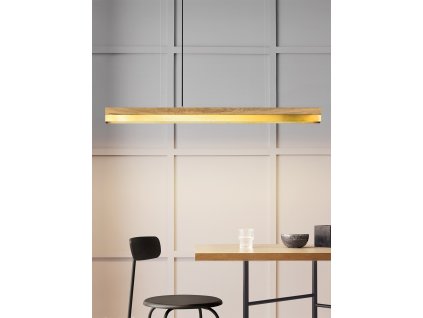 22 02 22 GANTlights C1 Pendelleuchte eiche messing horizontal vor Kasettenwand an