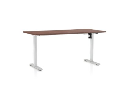 Výškově nastavitelný stůl OfficeTech A, 160 x 80 cm, bílá podnož, ořech