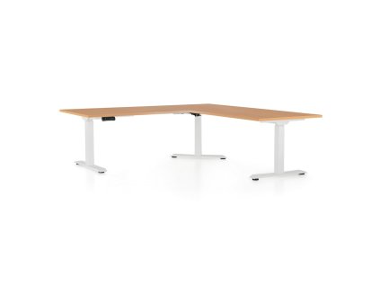Výškově nastavitelný stůl OfficeTech Angle, 180 x 200 cm, bílá podnož, buk