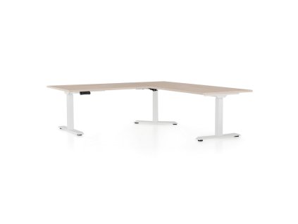 Výškově nastavitelný stůl OfficeTech Angle, 180 x 200 cm, bílá podnož, dub