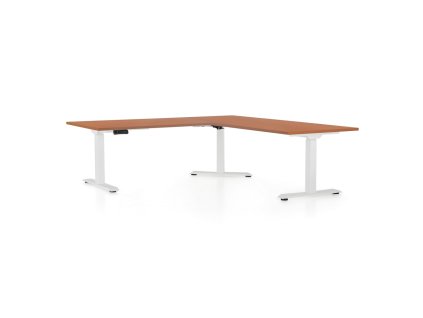 Výškově nastavitelný stůl OfficeTech Angle, 180 x 200 cm, bílá podnož, třešeň