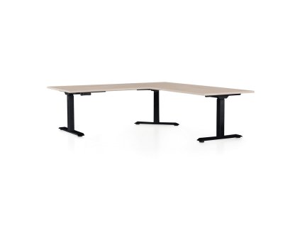 Výškově nastavitelný stůl OfficeTech Angle, 180 x 200 cm, černá podnož, dub