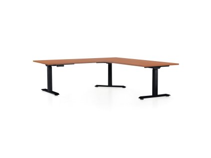 Výškově nastavitelný stůl OfficeTech Angle, 180 x 200 cm, černá podnož, třešeň