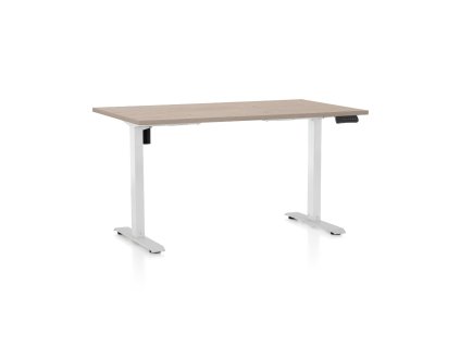 Výškově nastavitelný stůl OfficeTech B, 140 x 80 cm, bílá podnož, dub