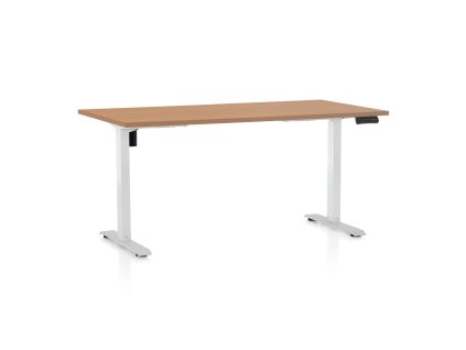 Výškově nastavitelný stůl OfficeTech B, 160 x 80 cm, bílá podnož, buk