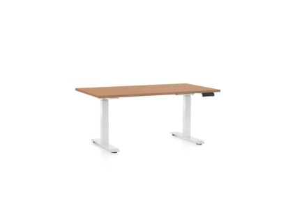 Výškově nastavitelný stůl OfficeTech C, 140 x 80 cm, bílá podnož, buk