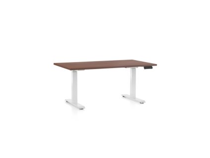 Výškově nastavitelný stůl OfficeTech D, 120 x 80 cm, bílá podnož, ořech