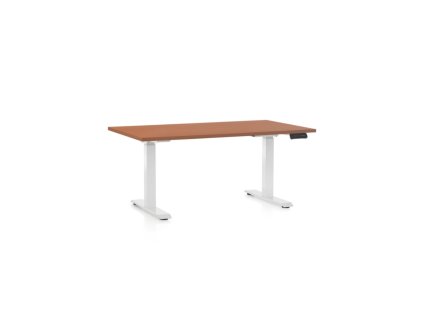 Výškově nastavitelný stůl OfficeTech D, 140 x 80 cm, bílá podnož, třešeň