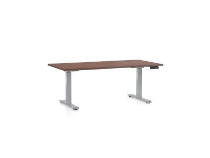 Výškově nastavitelný stůl OfficeTech D, 160 x 80 cm, šedá podnož, ořech