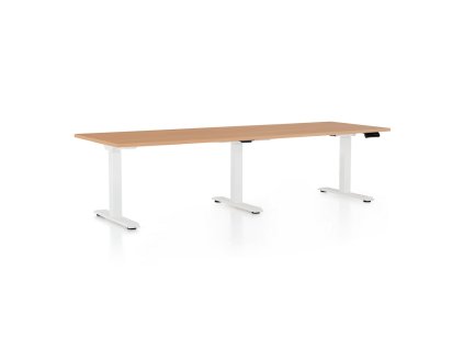 Výškově nastavitelný stůl OfficeTech Long, 240 x 80 cm, bílá podnož, buk