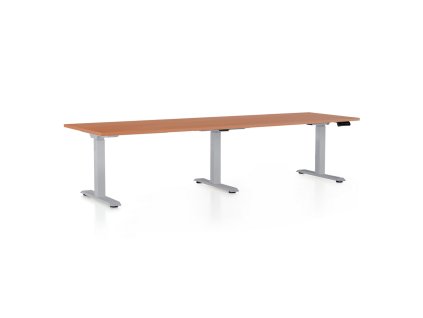 Výškově nastavitelný stůl OfficeTech Long, 260 x 80 cm, šedá podnož, třešeň