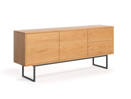 Cassettiera in legno Rekker in rovere massiccio su base in metallo con sei ripiani, vista laterale.