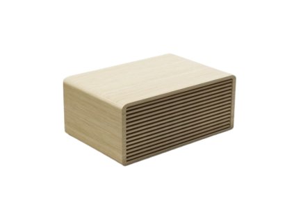 Vista laterale di un moderno comodino in legno, con un aspetto semplice e universale, dotato di un cassetto.
