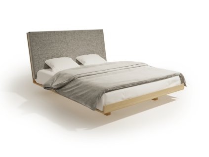 Letto matrimoniale in legno di rovere con testiera alta imbottita e design effetto sospeso, vista laterale.