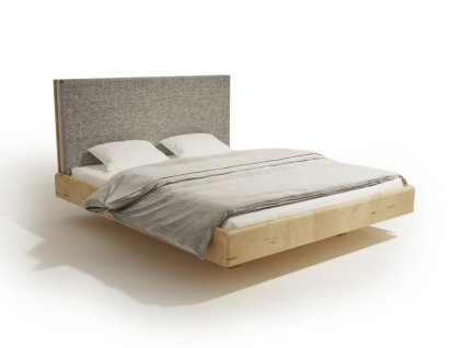 Letto matrimoniale con effetto sospeso, testata ampiamente imbottita e bordi arrotondati, vista laterale.