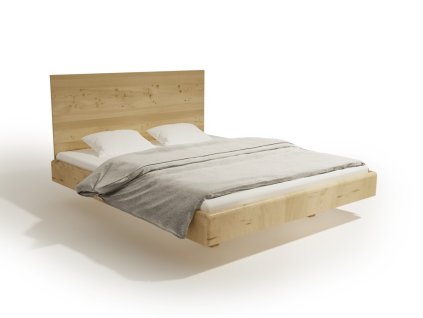 Letto matrimoniale sospeso in rovere con testiera alta, il telaio del letto presenta bordi arrotondati, visto di lato.