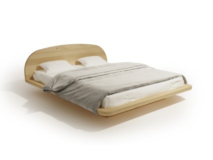 Letto matrimoniale in massello a forma ovale, privo di angoli e con testiera integrata, visto di lato.