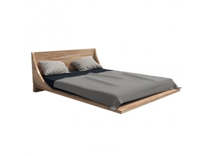 Letto matrimoniale Russ in rovere su sfondo bianco, vista laterale.