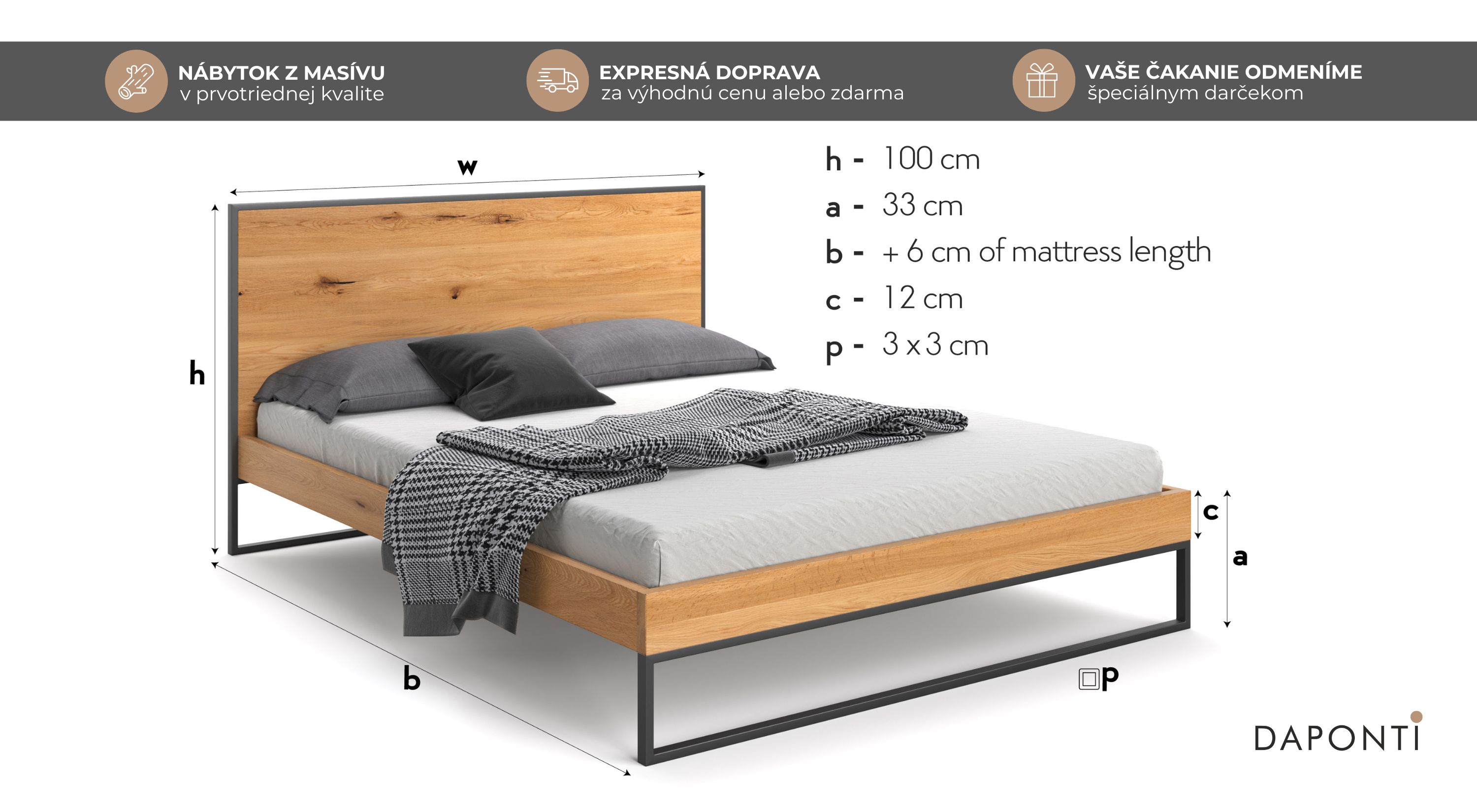 Masívna manželská postel z dubového dreva vo viacerých rozmeroch a kovovými doplnkami