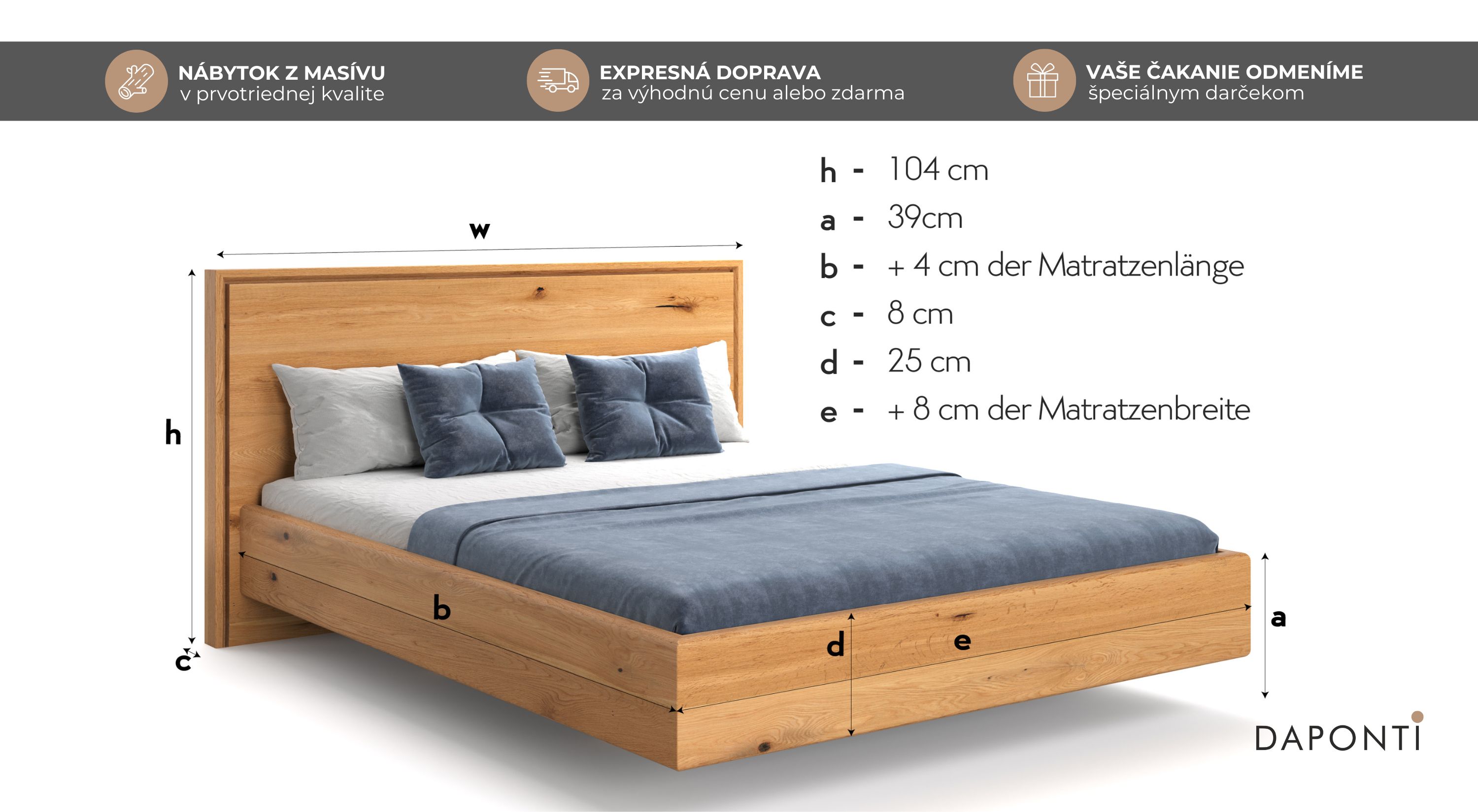 Manželská postel z masívu 180x200 s efektom levitovania. Je vyrovená z masívneho dubového dreva a doplnená o prestieranie modrej farby