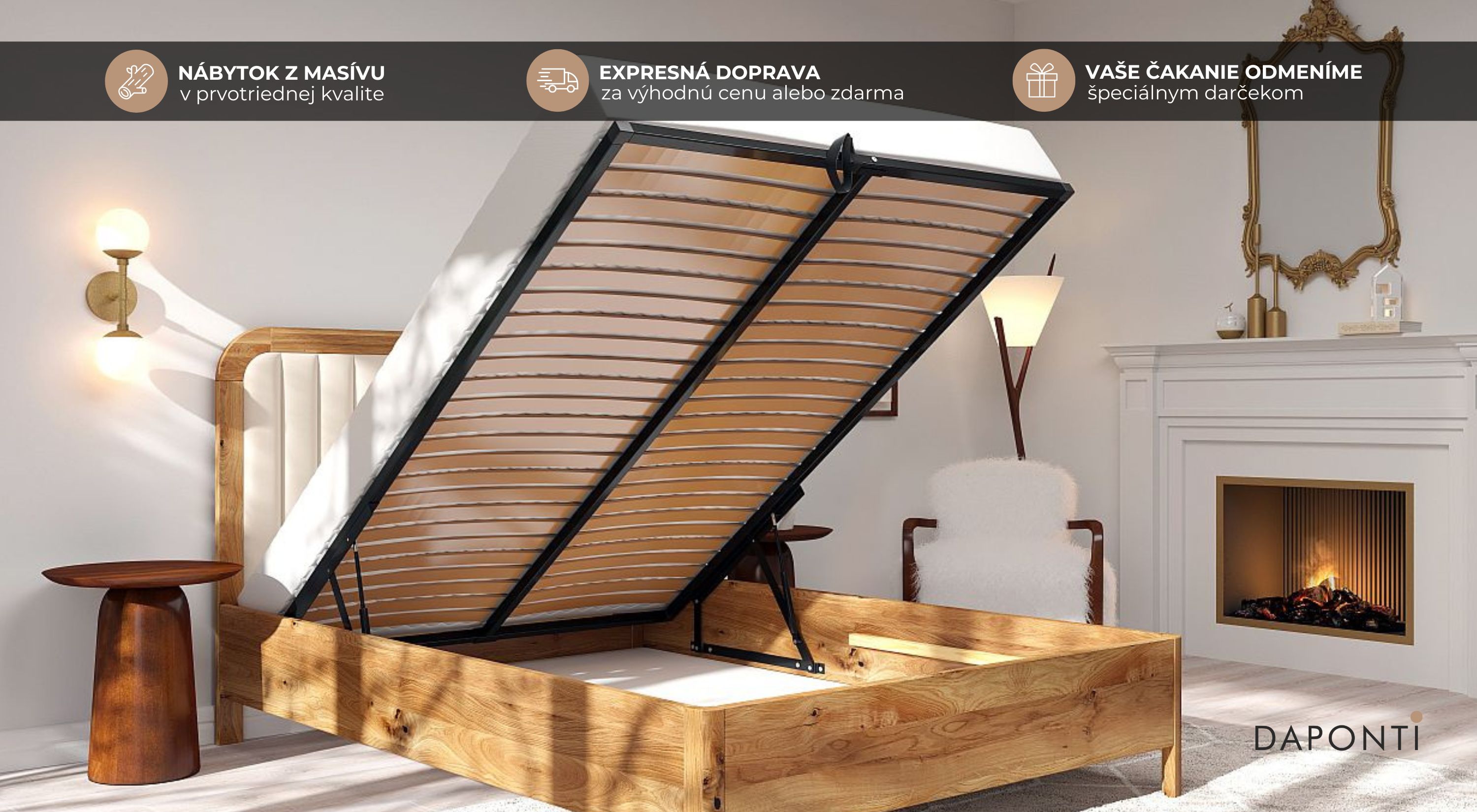 Masívna manželstká posteľ z úložným priestorom a roštom v cene vyrobená z dubového dreva v priestore modernej spálne