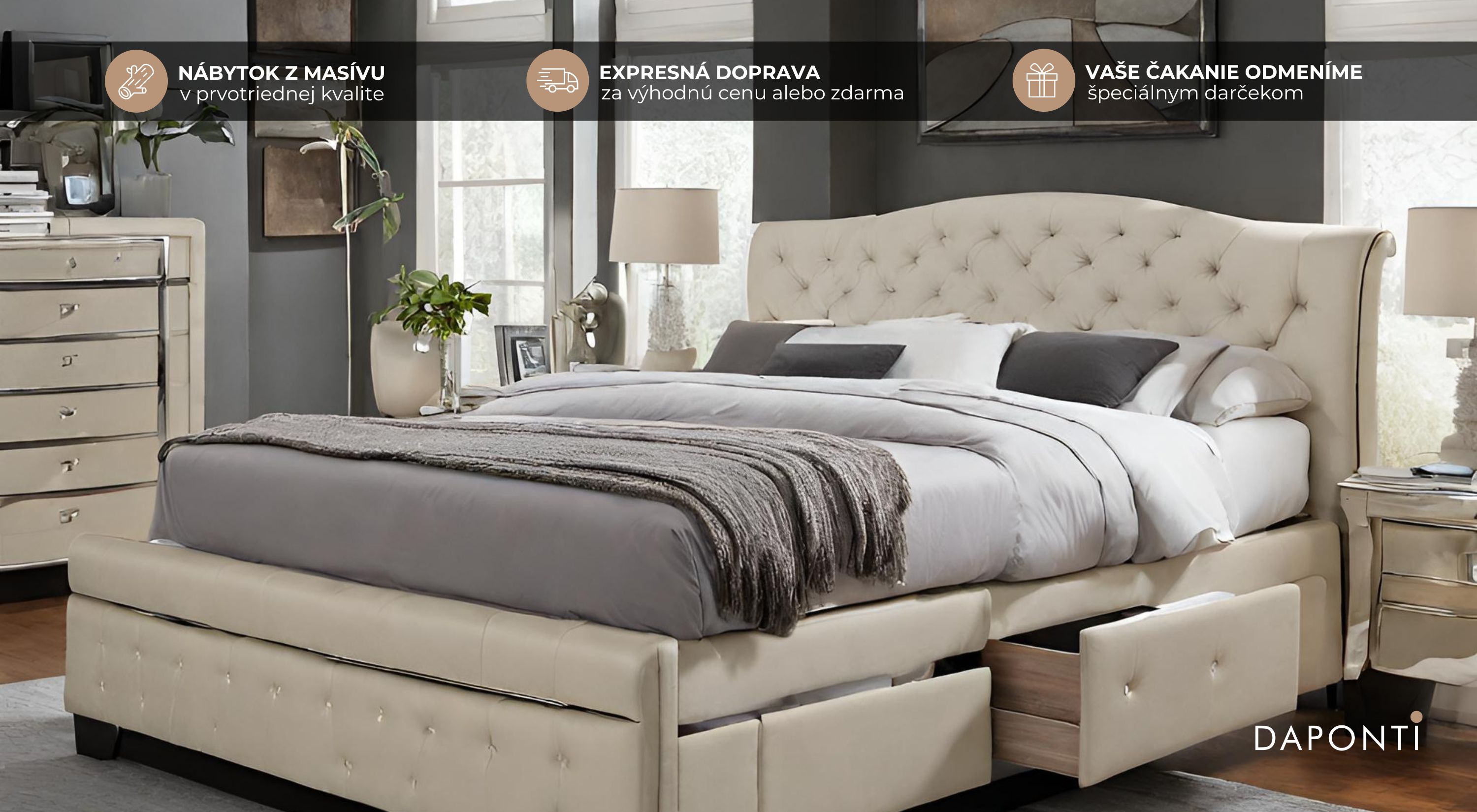 Veľká manželská posteľ s čalúnením krémovej farby a úložným priestorom po stranách postele.
