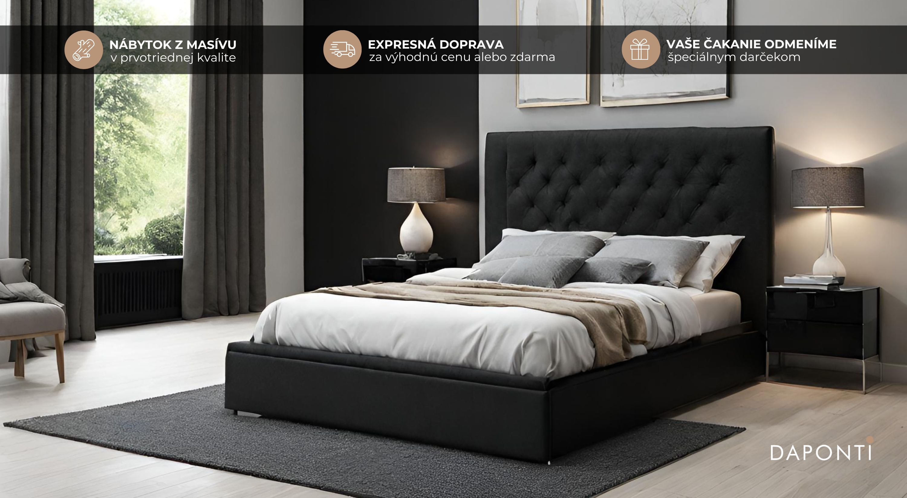 Čalúnená manželská posteľ čiernej farby v tradičnom rozmere 180x200 v prostredí modernej spálne ladenej do sivých odtieňov.
