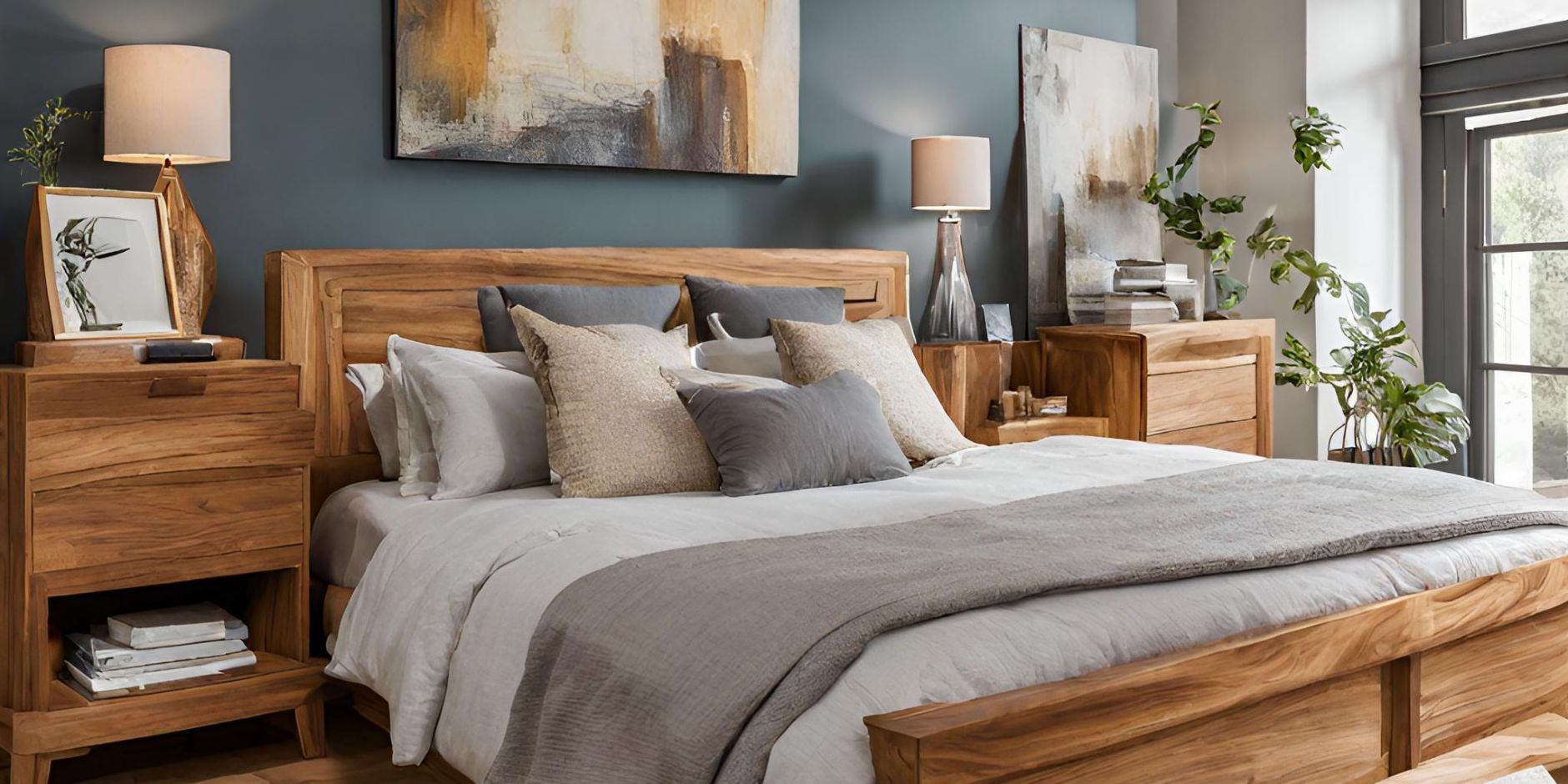 Masívny nábytok v spálni. V miestnosti je zobrazená manželská posteľ z masívu, masívna komoda a dva drevené nočné stolíky