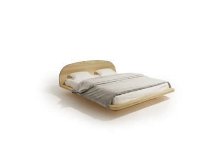 Masívna manželská posteľ oválneho tvaru, bez ostrých hrán a konečného čela pohľad zboku.