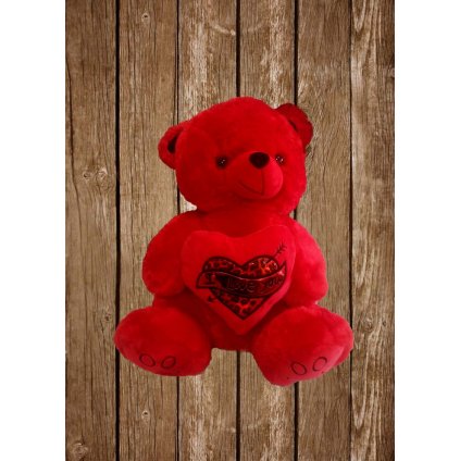 plysovy cerveny macko so srdieckom