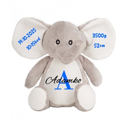 plysovy slonik s udajmi dietatka adamko