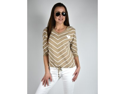 Hnědé tričko s 3/4 rukávem Megi s bílými proužky M5054