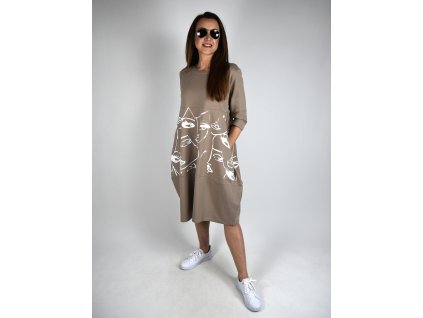 Hnědé bavlněné šaty Megi s motivem obličeje T1244