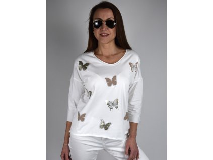 Bílé tričko s 3/4 rukávem Megi s motýlky B1339