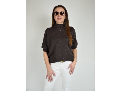 Hnědý třpytivý svetr s netopýřím střihem