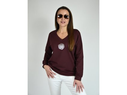 Bordó mikina s véčkovým výstřihem a květinou Megi B2551