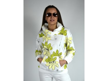 Bílá mikina s potiskem a kapucí Megi, světle zelené a žluté květy B0215