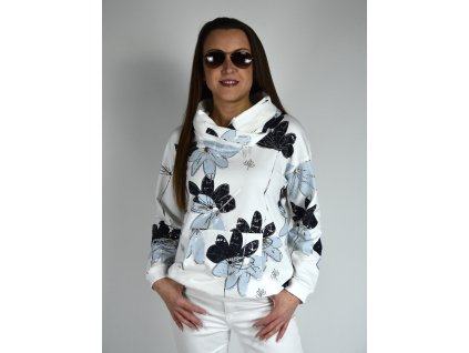 Bílá mikina s potiskem a kapucí Megi, tmavě modré a světle modré květy B0215