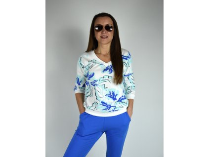 Bílá mikina s modrým vzorem Megi, véčkový výstřih B2647