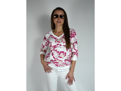 Bílá mikina s růžovým vzorem Megi, véčkový výstřih B2647