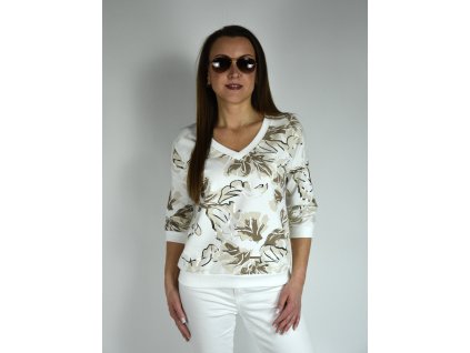 Bílá mikina s hnědým vzorem Megi, véčkový výstřih B2647