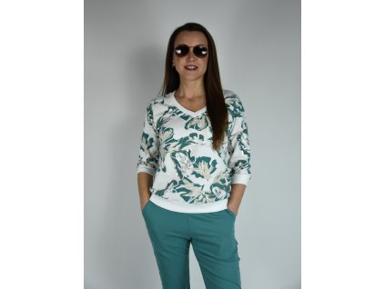 Bílá mikina s véčkovým výstřihem Megi, petrolejová a béžová B2647