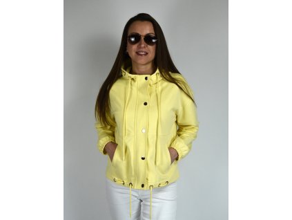 Žlutá bunda s kapucí, zipem a patenty