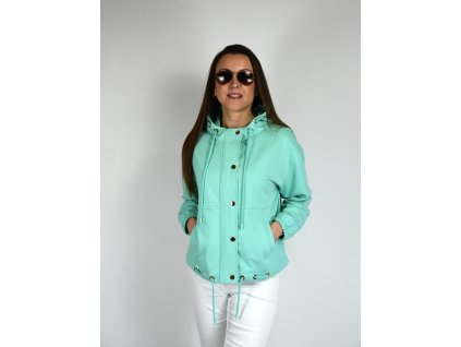 Mentolová bunda s kapucí, zipem a patenty