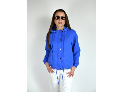 Modrá bunda s kapucí, zipem a patenty