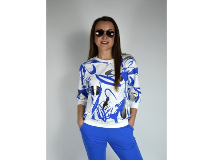 Bílá mikina s modrým vzorem Megi, kulatý výstřih B2587